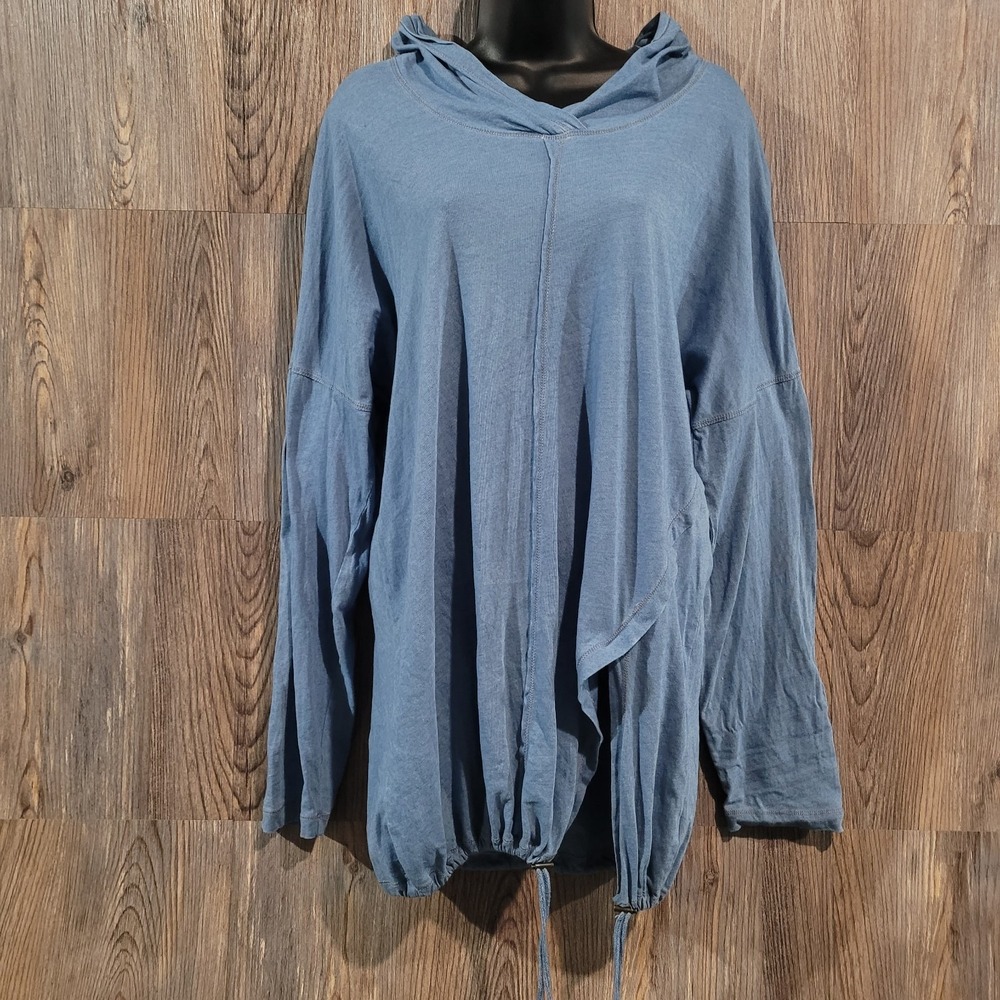 XCVI Mykala Lightweight Hoodie Lg Blue Asymmetric Cinch Waist Art Coastal Lagen